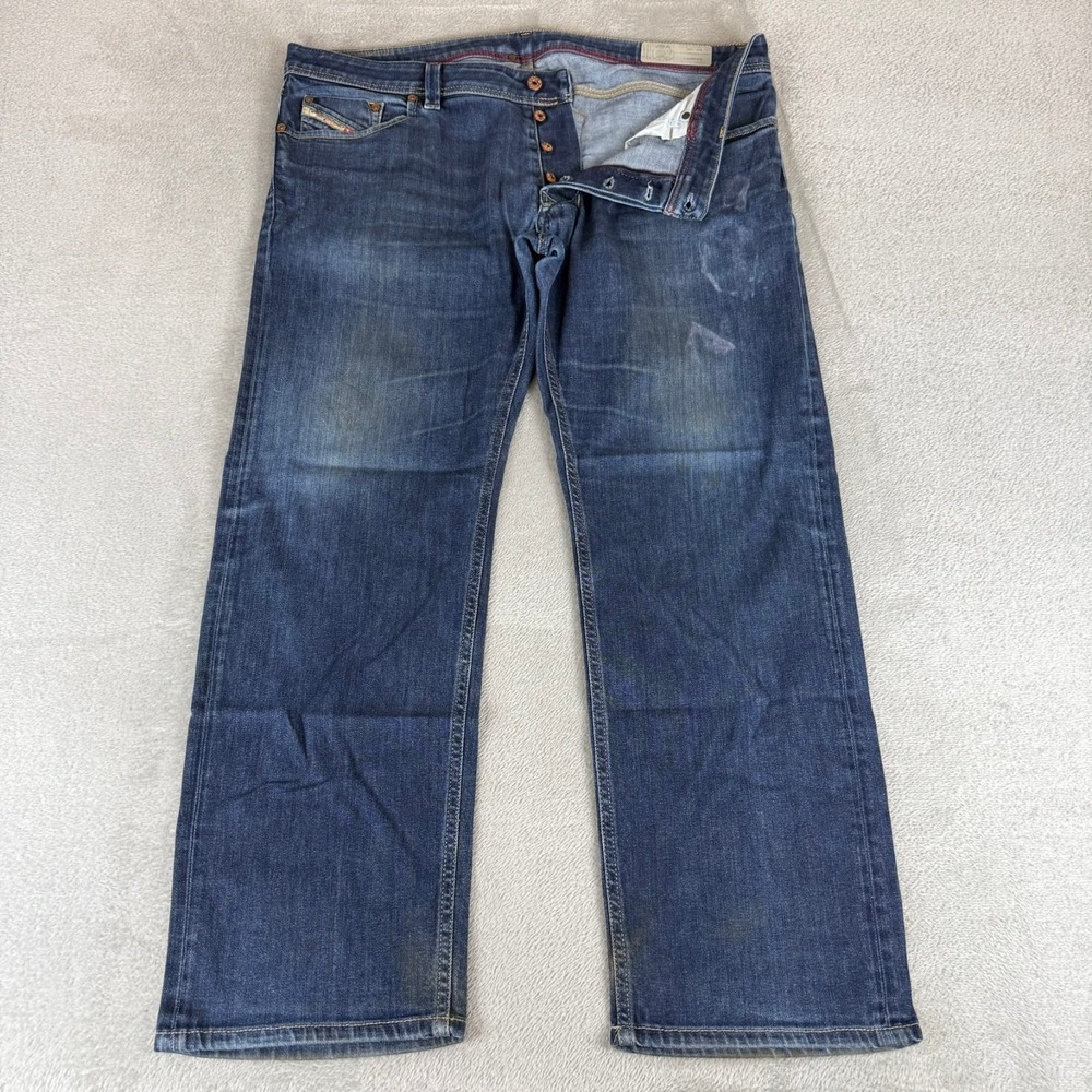 Diesel Larkee Straight Jeans Mens 40x31 Blue Denim Button Fly Distressed Stretch